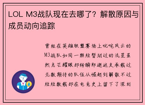 LOL M3战队现在去哪了？解散原因与成员动向追踪