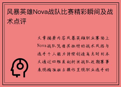 风暴英雄Nova战队比赛精彩瞬间及战术点评